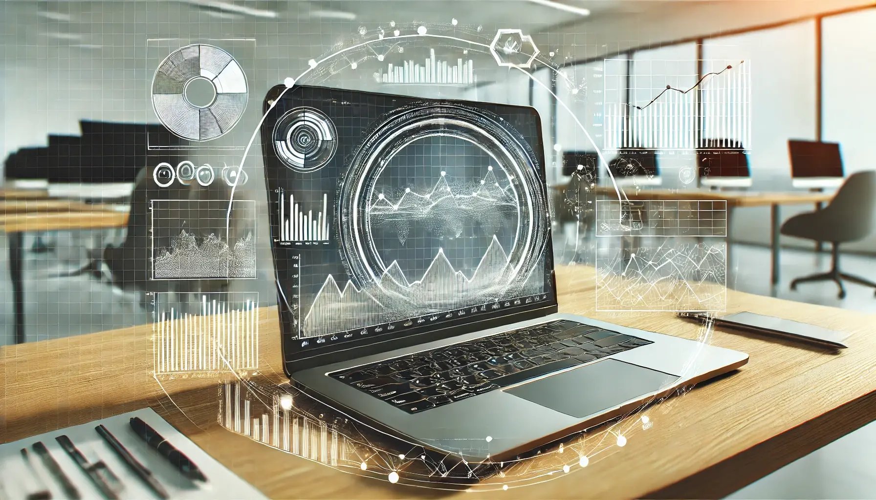 DALL·E 2024-11-25 17.27.30 - A wide-angle digital illustration of a modern laptop screen displaying historical data analysis. The screen shows graphs, charts, and trend lines indi