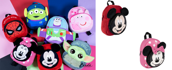 school backpacks of mickey, minnie, spiderman, baby yoda and peppa pig